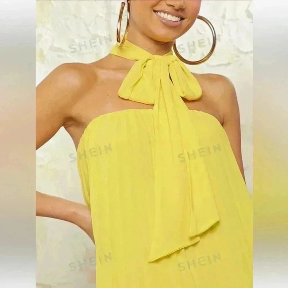 NWT SHEIN Haute Neck Tie Pleated Dress-Yellow-Size M - Picture 5 of 13